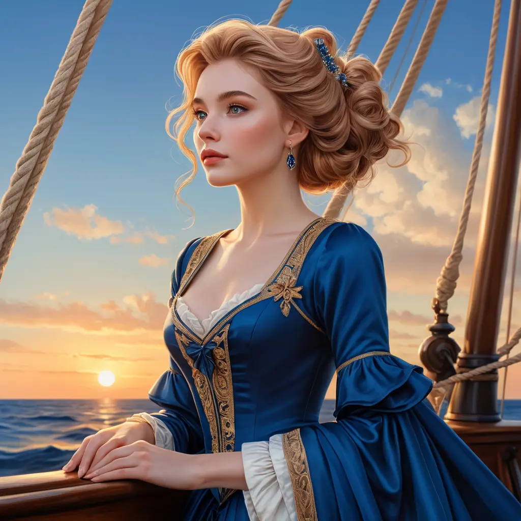 An exquisite illustration of a woman with porcelain skin and rose-gold hair, posing gracefully on the bow of a historic sailing ship, wearing a period-accurate gown in rich sapphire blue, as she looks out towards the horizon at sunset., Highly Detailed, Half Body, Gorgeous, Stunning, Elegant by Stanley Artgerm Lau