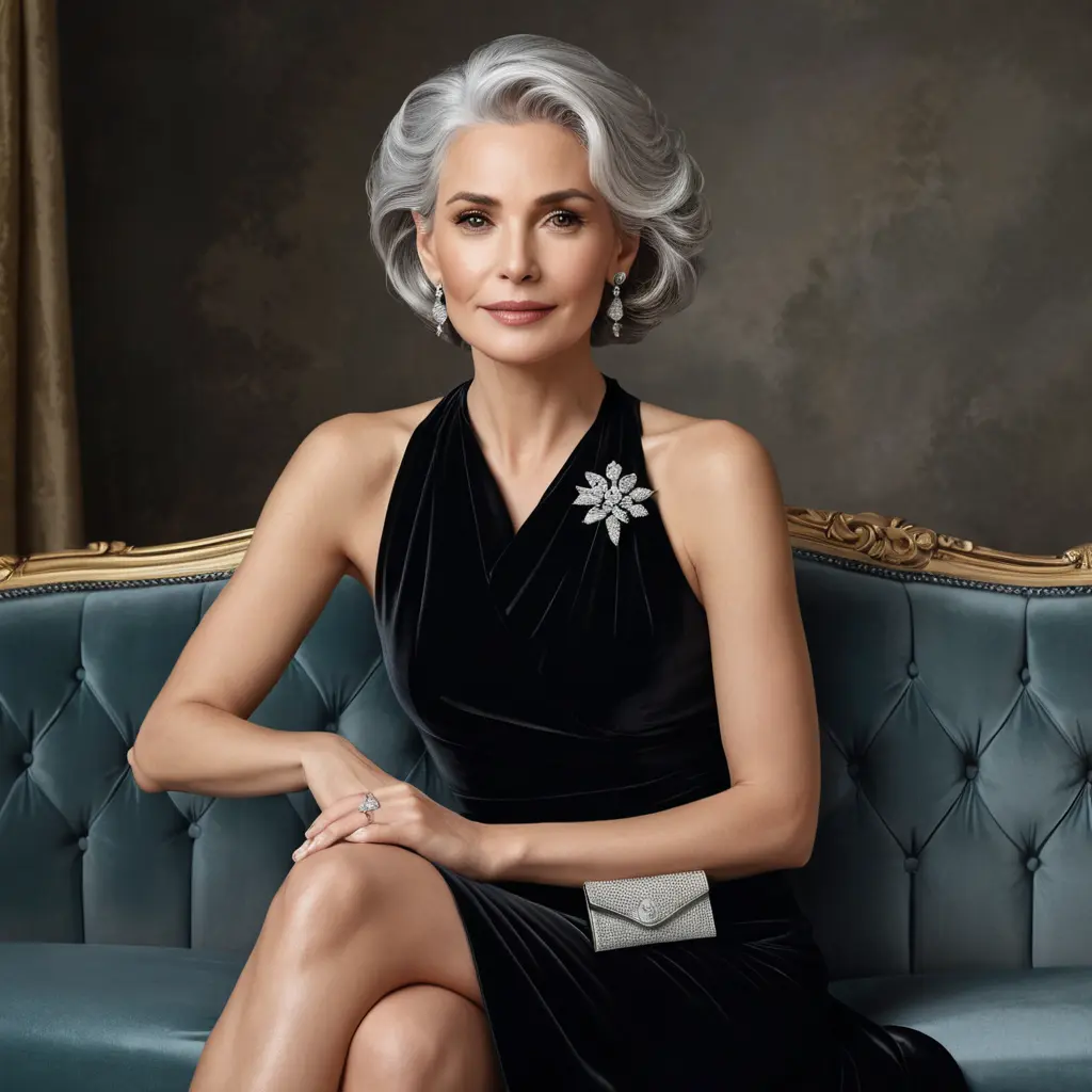 A sophisticated woman in her early 40s, silver hair flowing gently, dressed in a classic LBD with diamond earrings and clutch, seated elegantly on a velvet sofa, Highly Detailed, Half Body, Gorgeous, Stunning, Elegant by Stanley Artgerm Lau