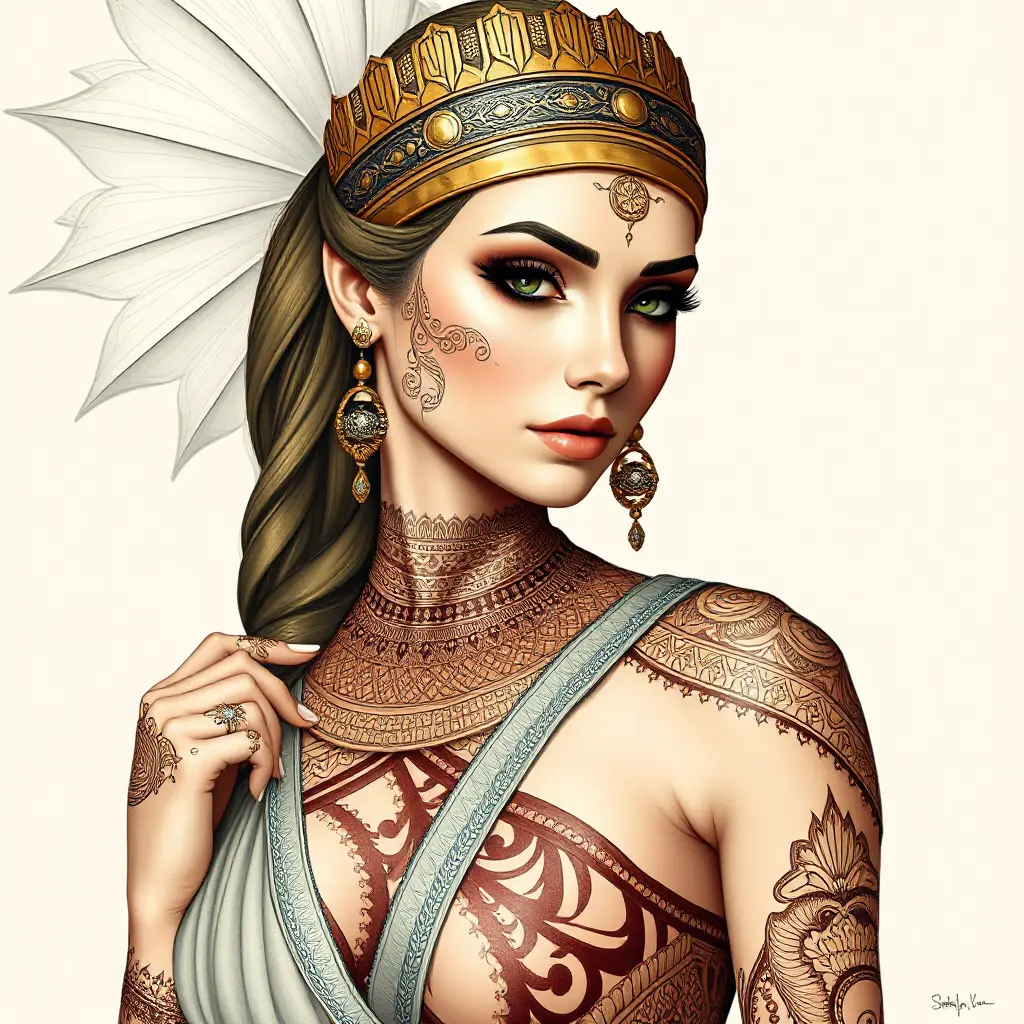 An elegant queen from ancient Egypt with intricate henna tattoos, Highly Detailed, Half Body, Gorgeous, Stunning, Elegant by Stanley Artgerm Lau