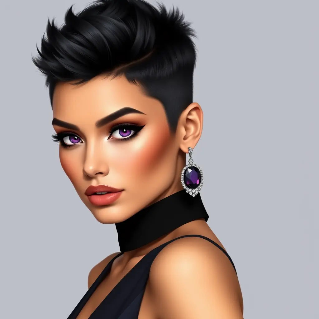 A chic woman with short, spiky black hair and piercing purple eyes, wearing a sleek black jumpsuit and statement earrings, Highly Detailed, Half Body, Gorgeous, Stunning, Elegant