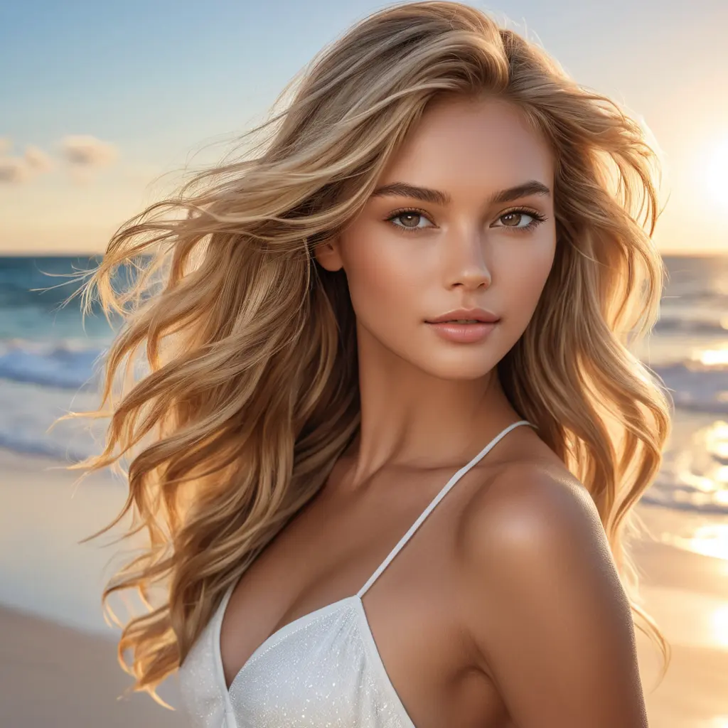 A radiant and confident supermodel with sun-kissed skin and luscious, honey-blonde locks, posing on a pristine beach at dawn, Highly Detailed, Half Body, Gorgeous, Stunning, Elegant by Stanley Artgerm Lau