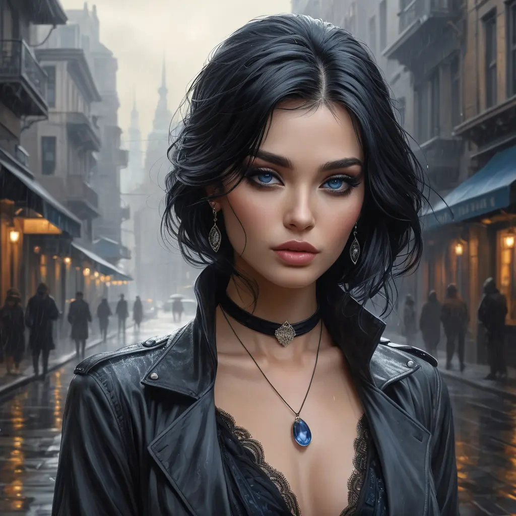 A mysterious and alluring femme fatale with piercing sapphire eyes and raven-black hair, shrouded in smoke and shadows on a rain-soaked city street, Highly Detailed, Half Body, Gorgeous, Stunning, Elegant by Stanley Artgerm Lau