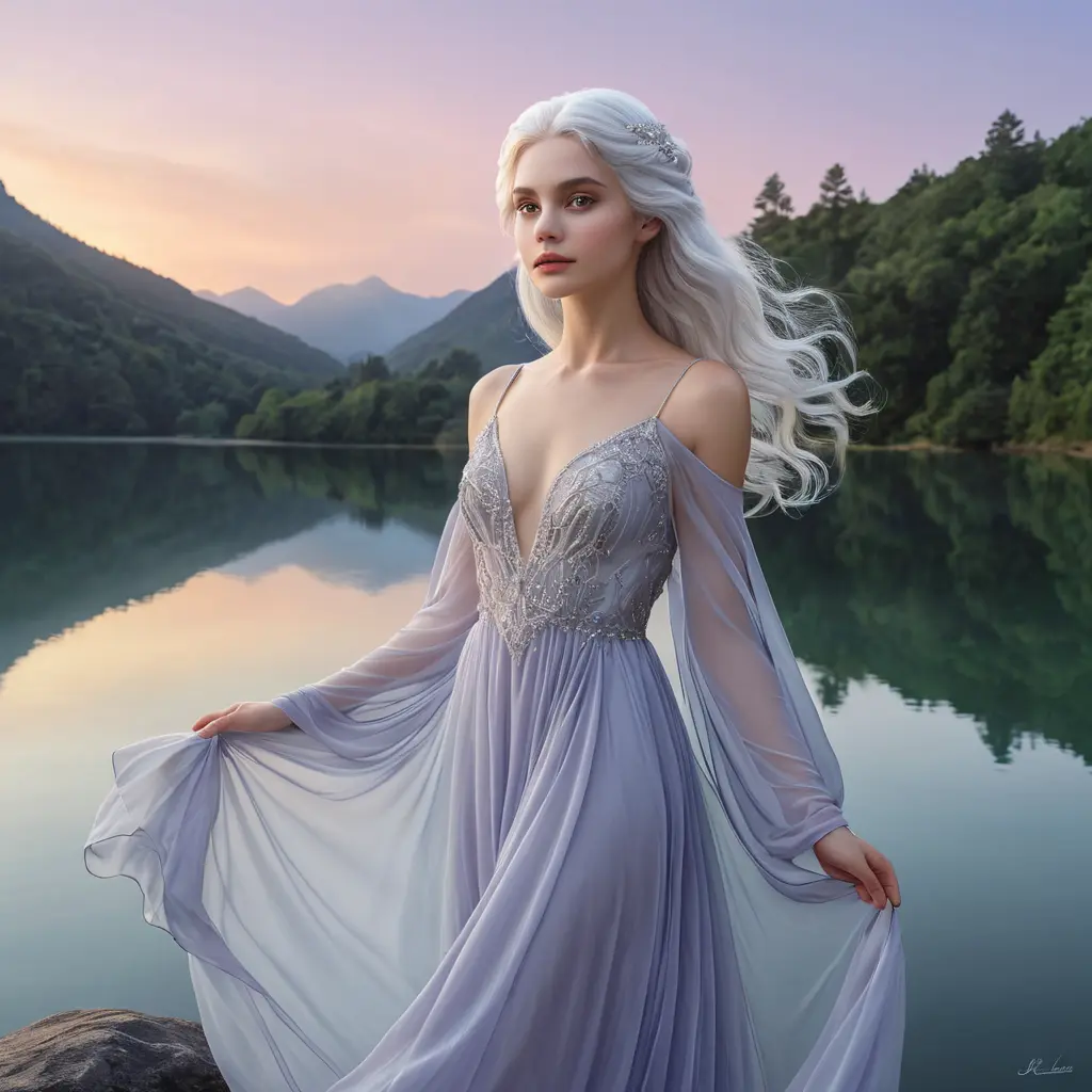 An ethereal woman with silver-white hair, soft violet eyes, and an airy chiffon dress, floating gracefully above a tranquil, mirror-like lake at twilight, Highly Detailed, Half Body, Gorgeous, Stunning, Elegant by Stanley Artgerm Lau