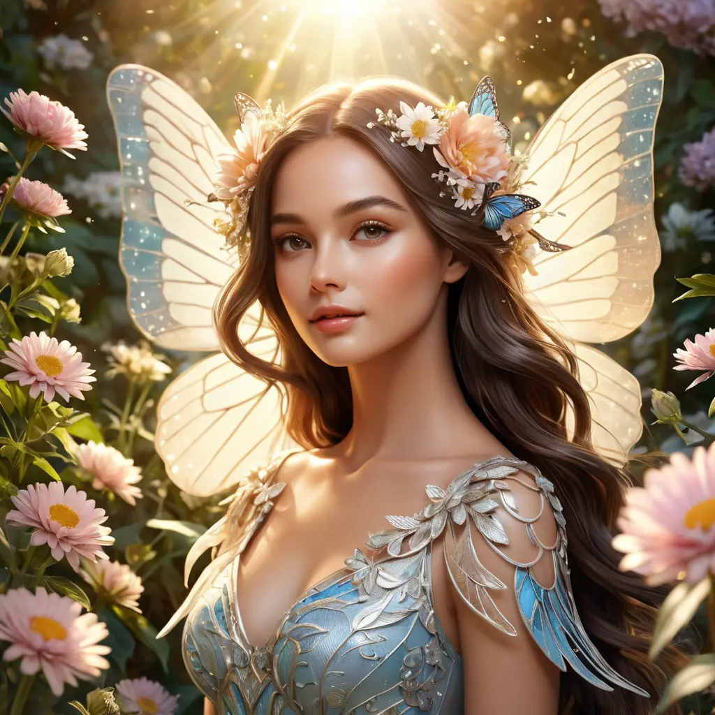 A beautiful woman with wings like a butterfly, surrounded by flowers and sunlight, Highly Detailed, Half Body, Gorgeous, Stunning, Elegant