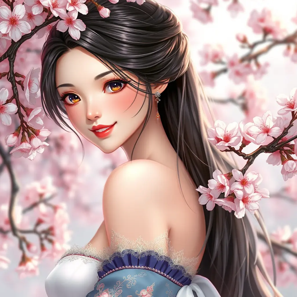 A radiant woman with a gentle smile and raven hair, surrounded by a cascade of cherry blossoms in spring, Highly Detailed, Half Body, Gorgeous, Stunning, Elegant by Stanley Artgerm Lau