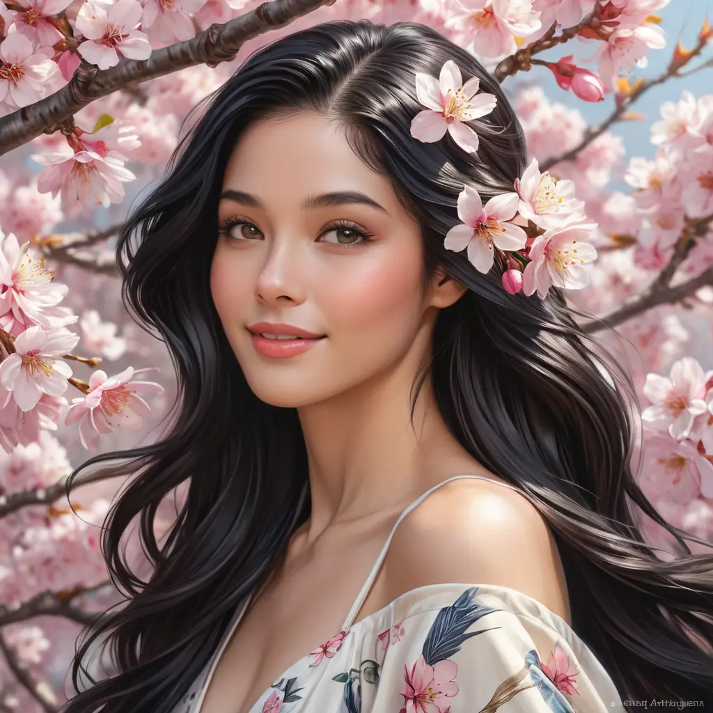 A radiant woman with a gentle smile and raven hair, surrounded by a cascade of cherry blossoms in spring, Highly Detailed, Half Body, Gorgeous, Stunning, Elegant by Stanley Artgerm Lau