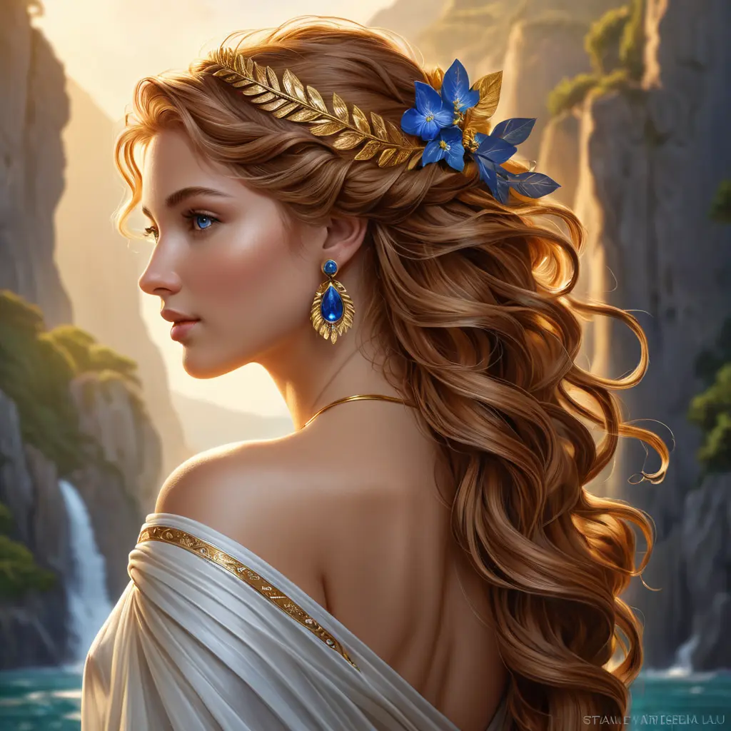 A radiant goddess from ancient Greece, adorned with golden laurels and sapphires, her tawny tresses cascading down her back like a waterfall., Highly Detailed, Half Body, Gorgeous, Stunning, Elegant by Stanley Artgerm Lau