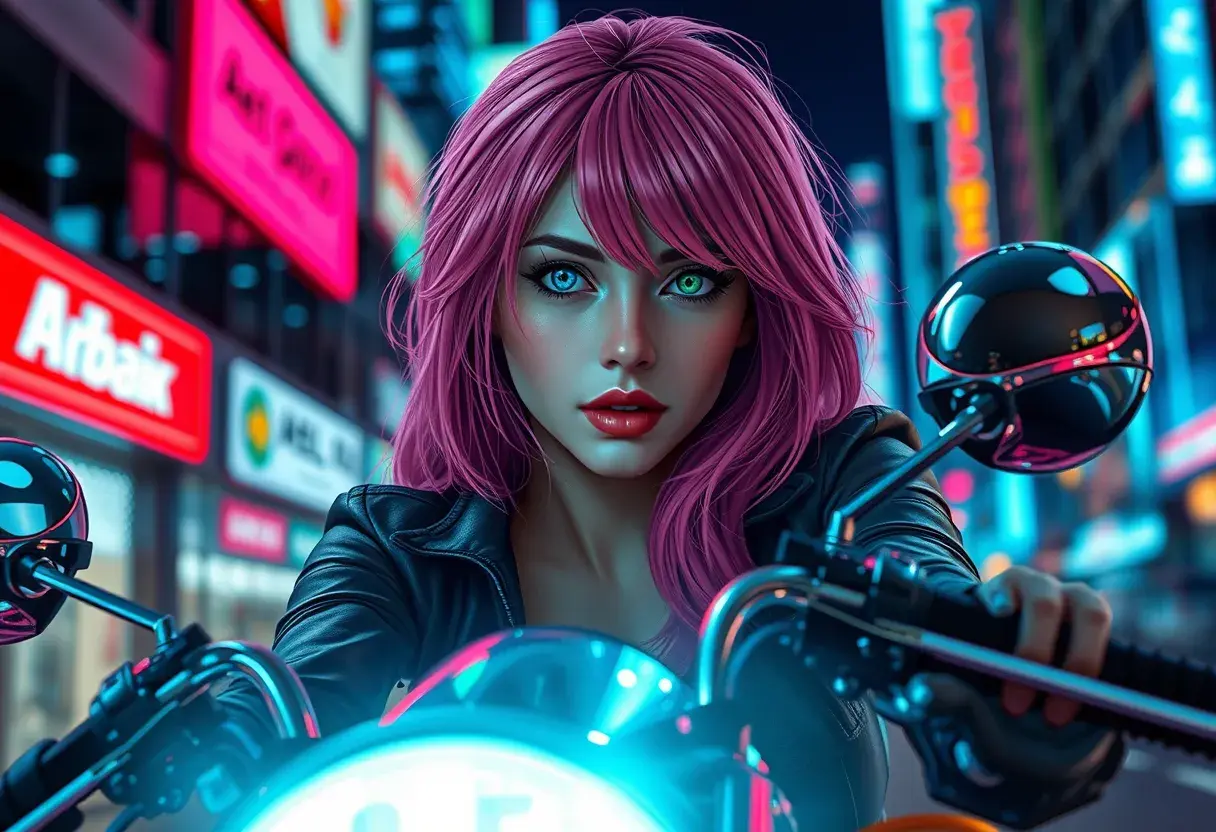 A woman with pink hair and heterochromatic eyes (one blue, one green), riding her motorcycle through neon-lit city streets at night, Highly Detailed, Intricate, Half Body, Realistic