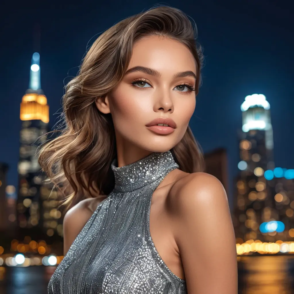 a captivating model with high cheekbones and full lips, posing for a fashion photoshoot against a backdrop of city lights, Highly Detailed, Half Body, Gorgeous, Stunning, Elegant by Stanley Artgerm Lau