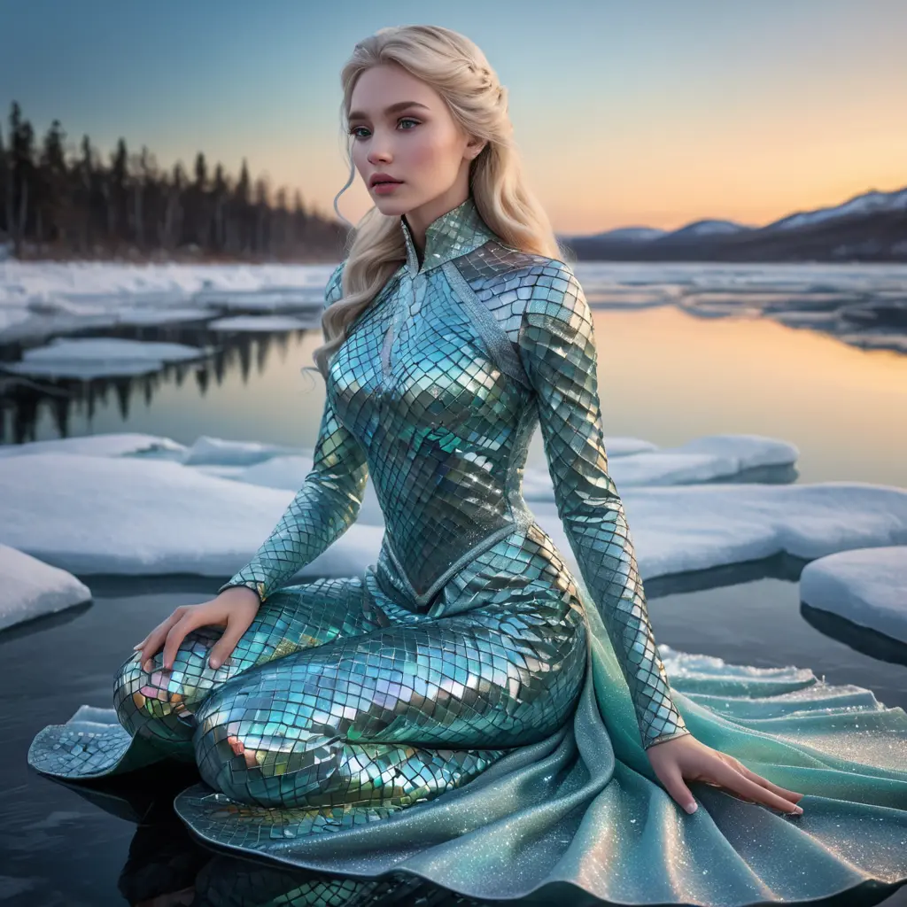 An enchanting portrayal of a woman with porcelain skin and ice-blonde hair, seated at the edge of a frozen lake, wearing a shimmering gown made from thousands of iridescent scales, reflecting the Northern Lights above., Highly Detailed, Half Body, Gorgeous, Stunning, Elegant by Stanley Artgerm Lau