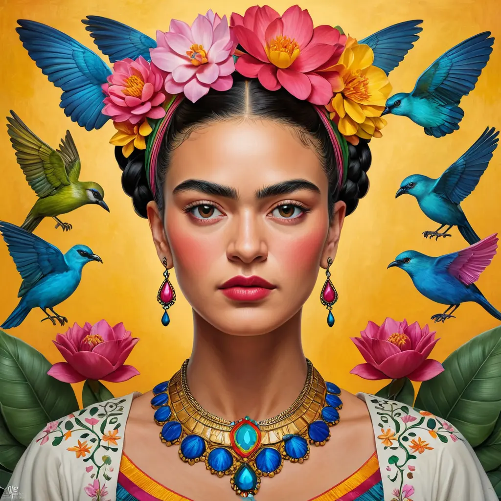 A captivating Frida Kahlo painting come to life, filled with vibrant colors and symbols, Highly Detailed, Half Body, Gorgeous, Stunning, Elegant by Stanley Artgerm Lau