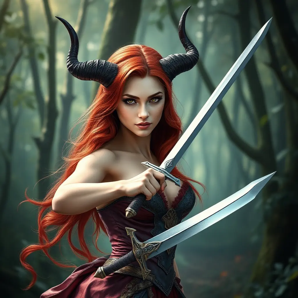 A gorgeous woman with horns and fiery red hair, wielding a sword in a mystical forest, Highly Detailed, Half Body, Gorgeous, Stunning, Elegant