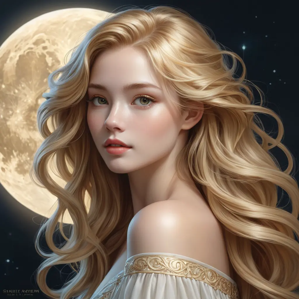 An ethereal woman with porcelain skin and cascading golden locks, illuminated by the soft glow of a full moon, Highly Detailed, Half Body, Gorgeous, Stunning, Elegant by Stanley Artgerm Lau