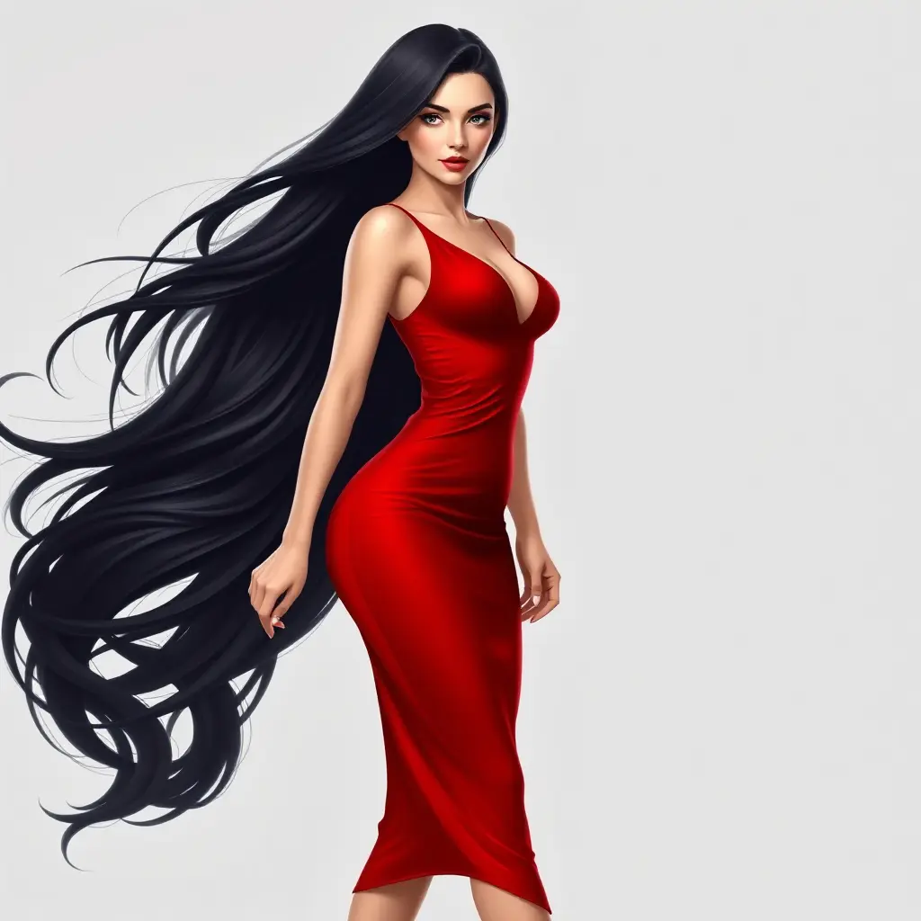 A gorgeous woman with porcelain skin and raven-black hair, wearing a fitted red dress and high heels, Highly Detailed, Half Body, Gorgeous, Stunning, Elegant