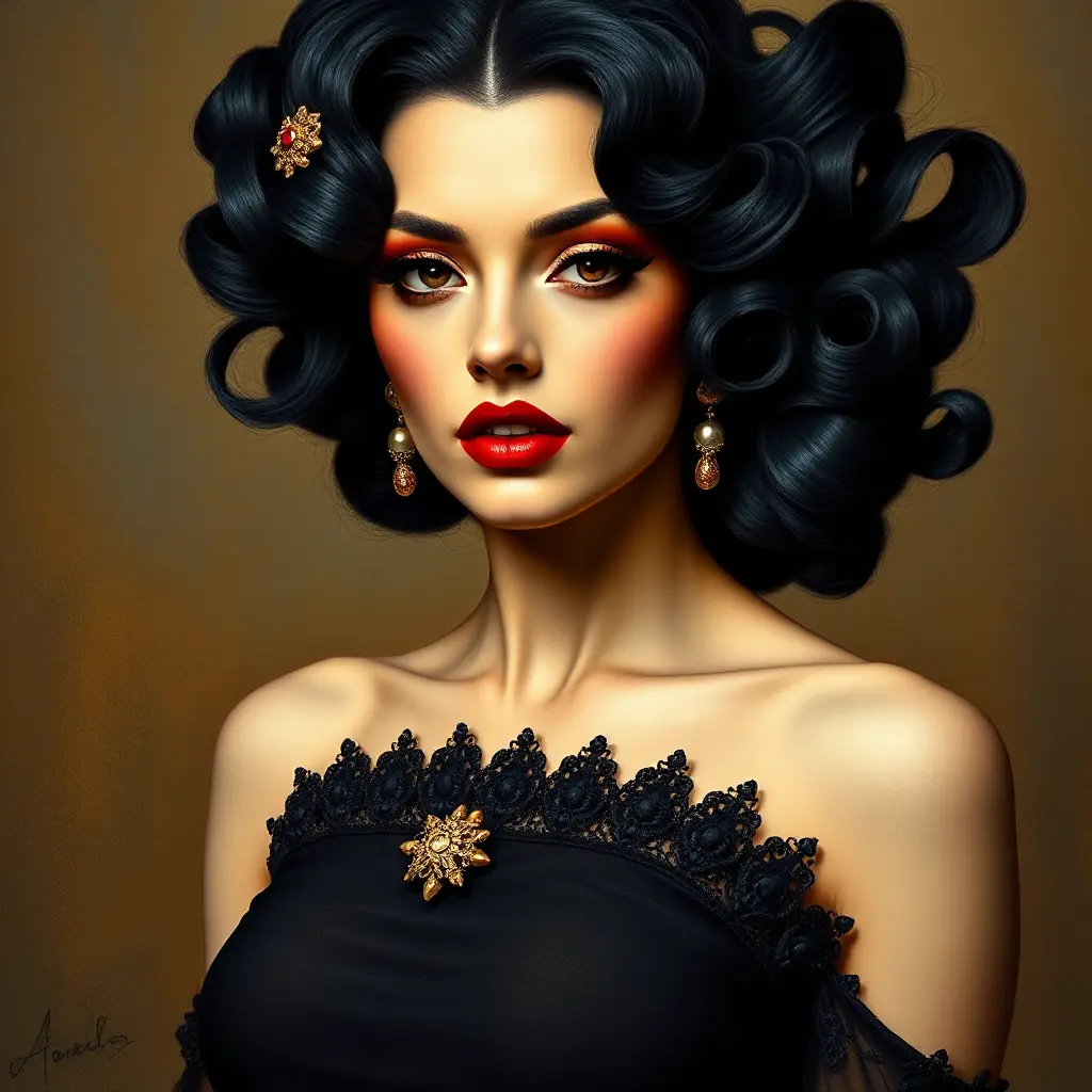 A stunning woman reminiscent of Salvador Dali's 'Gala', with bold red lips and curly black hair, Highly Detailed, Half Body, Gorgeous, Stunning, Elegant