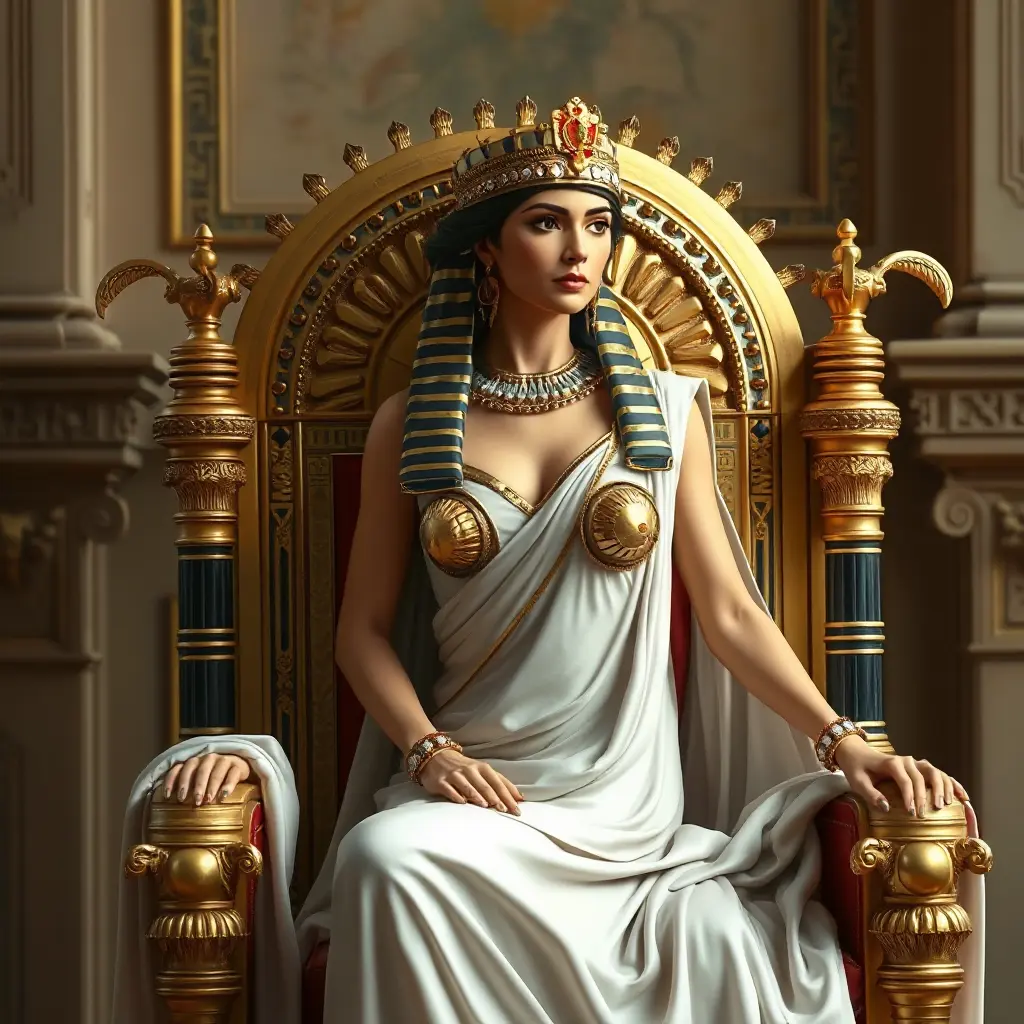 An elegant Cleopatra VII, the last Pharaoh of Ancient Egypt, sitting on her throne, Highly Detailed, Half Body, Gorgeous, Stunning, Elegant by Stanley Artgerm Lau