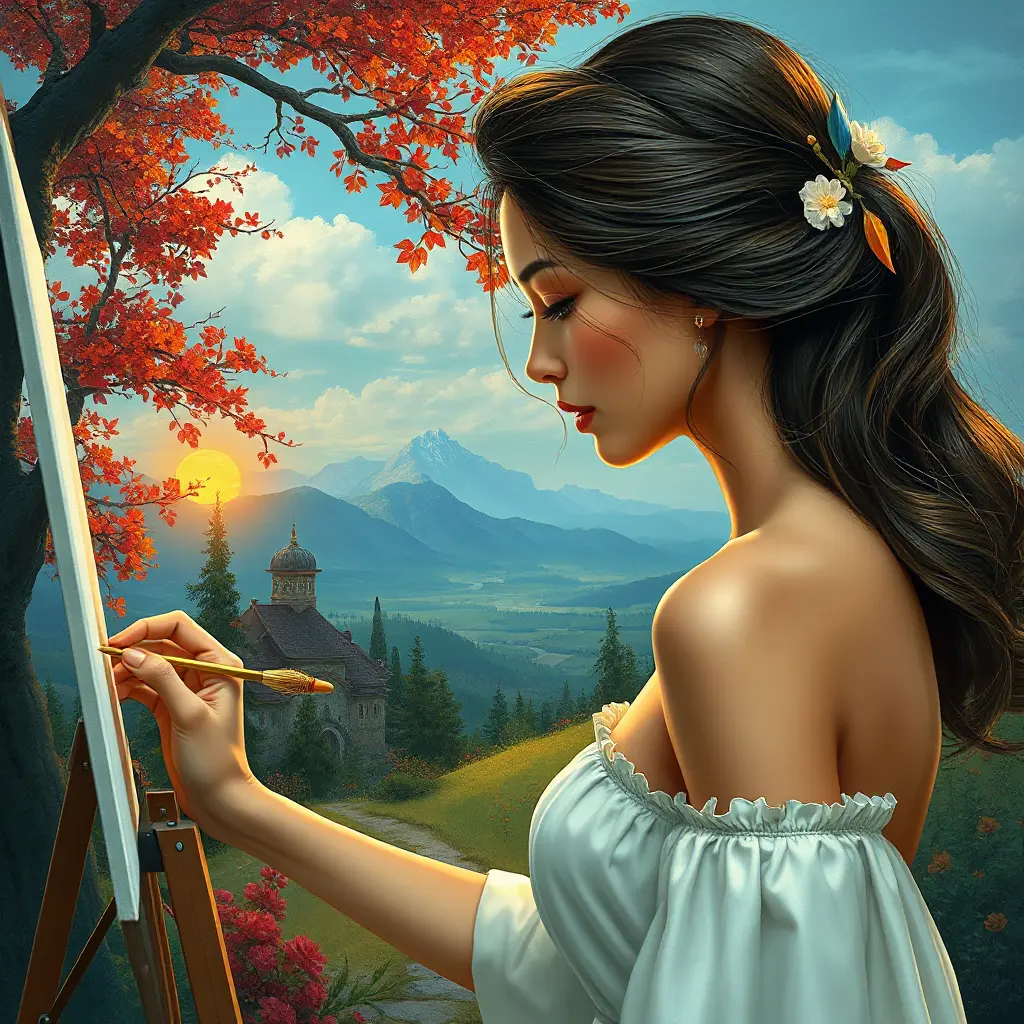 a creative woman painting a beautiful landscape, Highly Detailed, Half Body, Gorgeous, Stunning, Elegant by Stanley Artgerm Lau