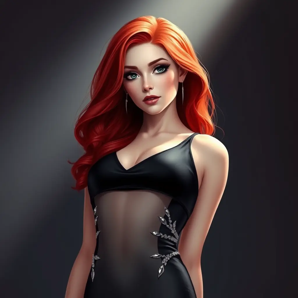 A captivating woman with fiery red hair, wearing a sleek black gown with silver accents, standing confidently under a dramatic spotlight, Highly Detailed, Half Body, Gorgeous, Stunning, Elegant by Stanley Artgerm Lau