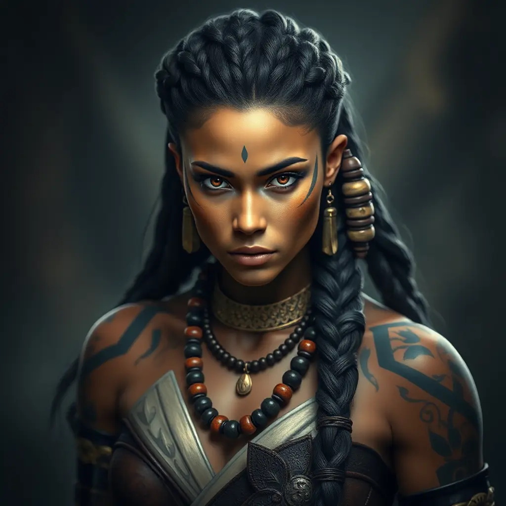 a fierce warrior queen with intricate tattoos and braided hair adorned with beads, her gaze commanding respect, Highly Detailed, Half Body, Gorgeous, Stunning, Elegant by Stanley Artgerm Lau