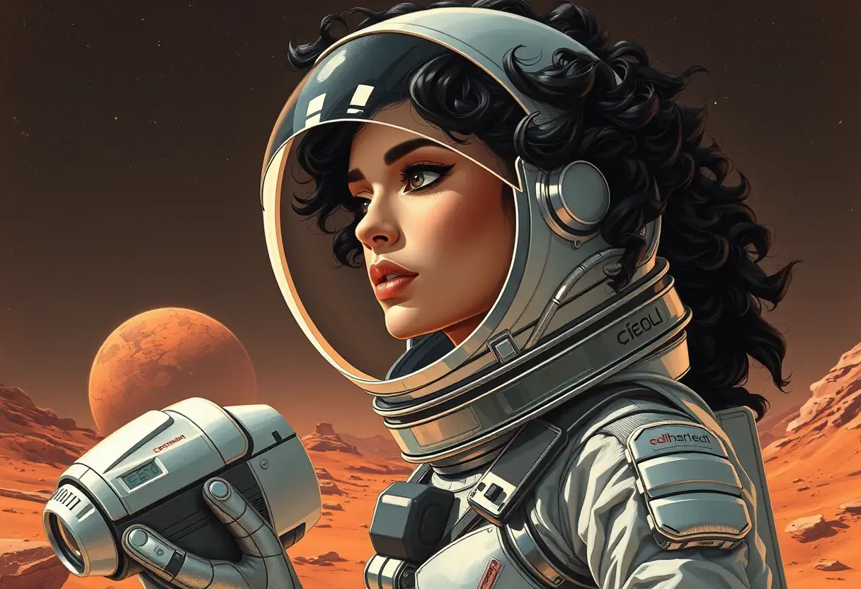 A retro-futuristic illustration of a woman with curly black hair and dark features, wearing a stylish silver spacesuit, exploring Mars' surface, Highly Detailed, Intricate, Half Body, Realistic