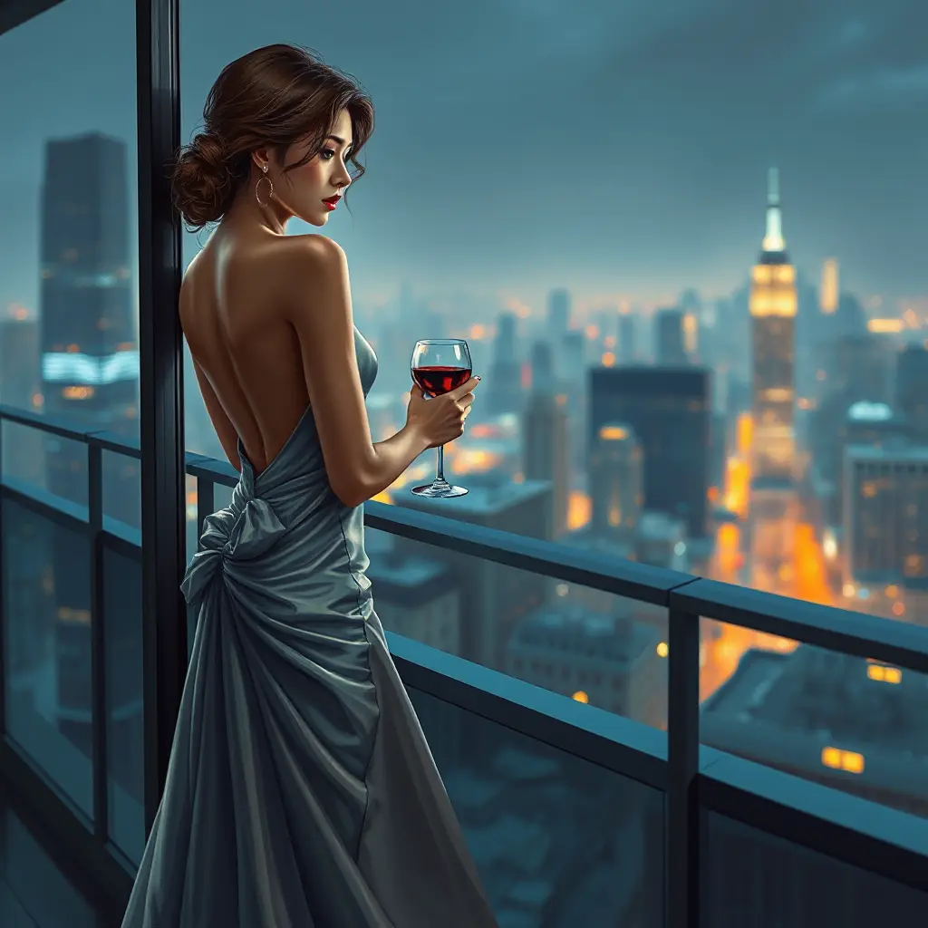 A graceful figure, dressed in an elegant evening gown, taking a moment of solitude on a balcony overlooking the city lights, a glass of wine in hand and a thoughtful expression on her face., Highly Detailed, Half Body, Gorgeous, Stunning, Elegant by Stanley Artgerm Lau