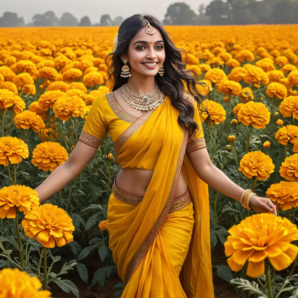 A radiant woman in traditional Indian attire, dancing in a field of marigolds, Highly Detailed, Half Body, Gorgeous, Stunning, Elegant by Stanley Artgerm Lau