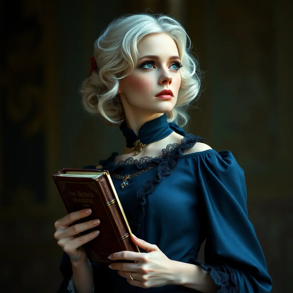 An ageless woman with platinum blonde hair, dressed in a Victorian-style midnight blue gown, holding a vintage book and gazing pensively into the distance, Highly Detailed, Half Body, Gorgeous, Stunning, Elegant by Stanley Artgerm Lau