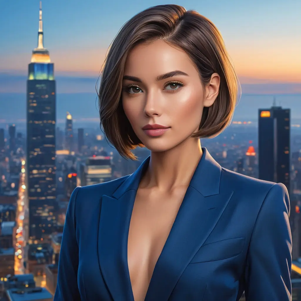 A confident woman with a sleek bob haircut, sharp features, and a tailored power suit, commanding attention in a modern metropolis skyline during the blue hour, Highly Detailed, Half Body, Gorgeous, Stunning, Elegant by Stanley Artgerm Lau