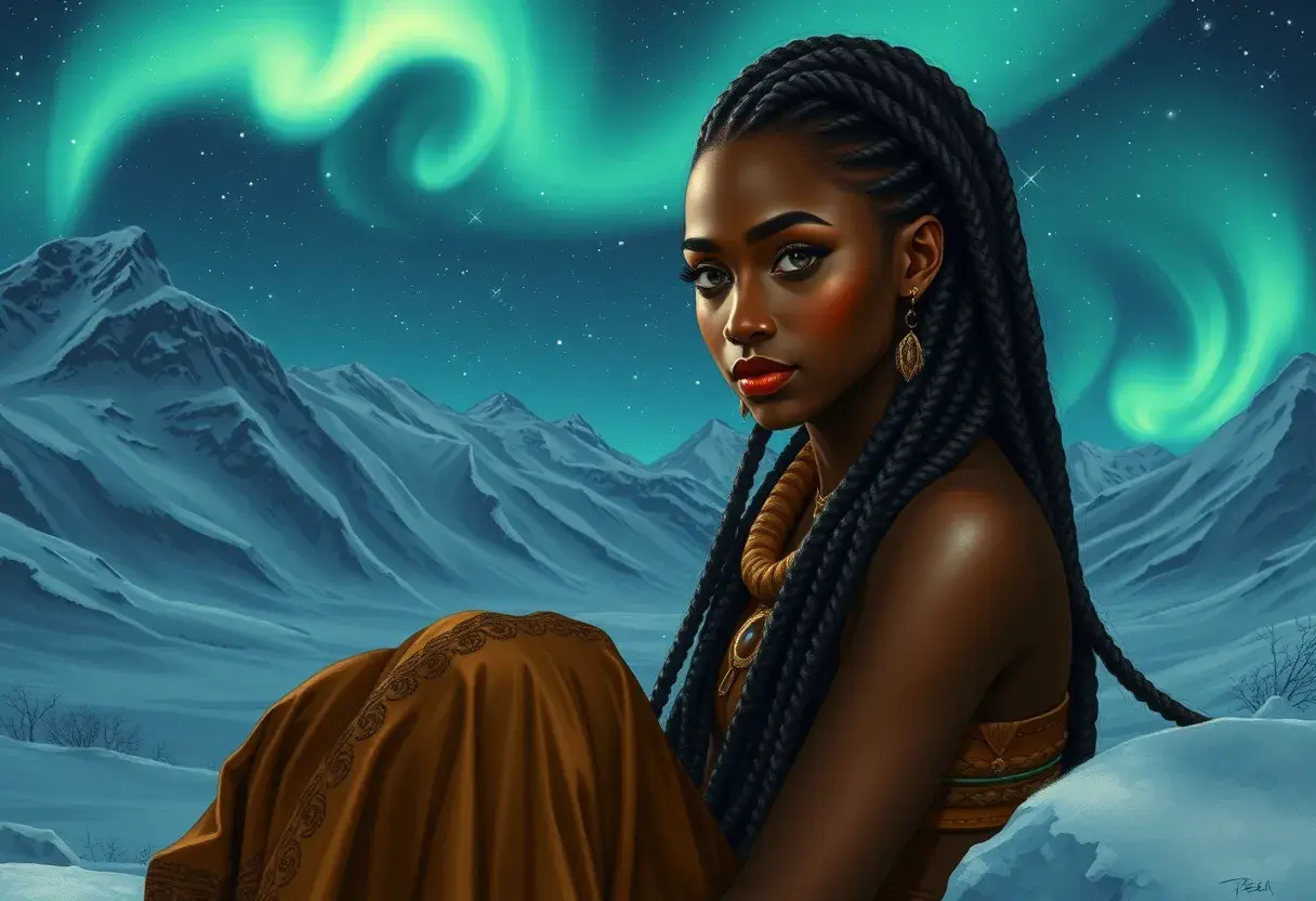 A detailed digital art of a woman with African features and beautiful braided hairstyle, sitting under the Northern Lights, surrounded by snowy landscapes, Highly Detailed, Intricate, Half Body, Realistic