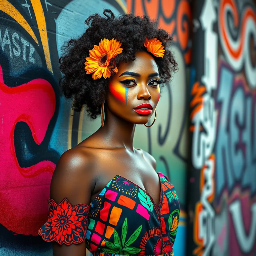 A radiant woman with dark skin and bright, colorful makeup, wearing a vibrant patterned dress, standing in front of a graffiti-covered wall, vivid colors, artistic and contemporary vibe, Highly Detailed, Half Body, Gorgeous, Stunning, Elegant by Stanley Artgerm Lau