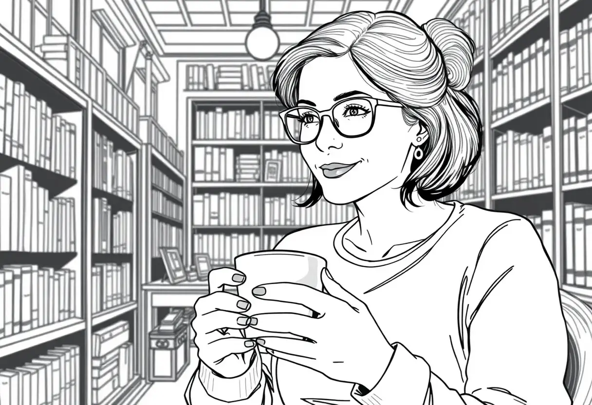 A minimalist line art drawing of a woman with glasses and a kind smile, holding a cup of coffee while sitting quietly in an antique bookstore, Highly Detailed, Intricate, Half Body, Realistic