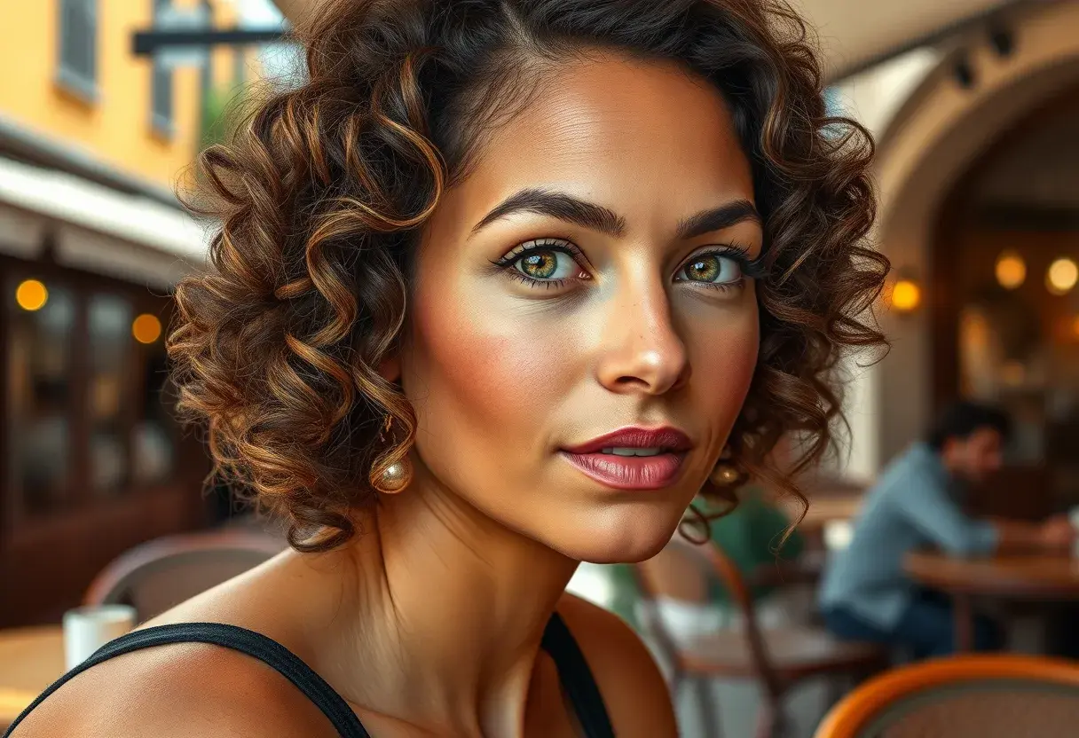 A realistic portrait of a woman with warm brown skin, curly hair, and hazel eyes, inspired by natural lighting in an outdoor café scene., Highly Detailed, Intricate, Half Body, Realistic