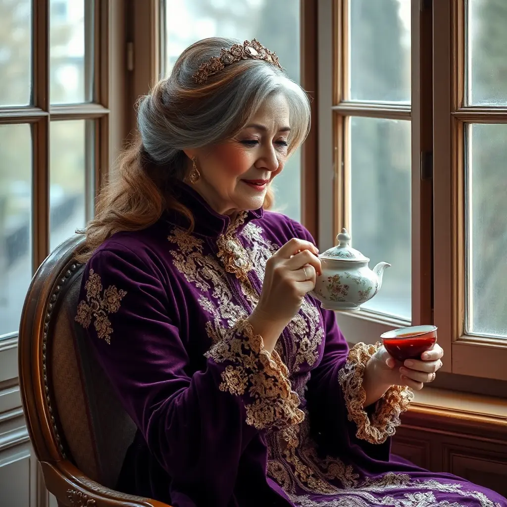 A mature lady with chestnut brown hair streaked with silver, dressed in a rich purple velvet dress adorned with antique lace, sipping tea by an open window, Highly Detailed, Half Body, Gorgeous, Stunning, Elegant by Stanley Artgerm Lau