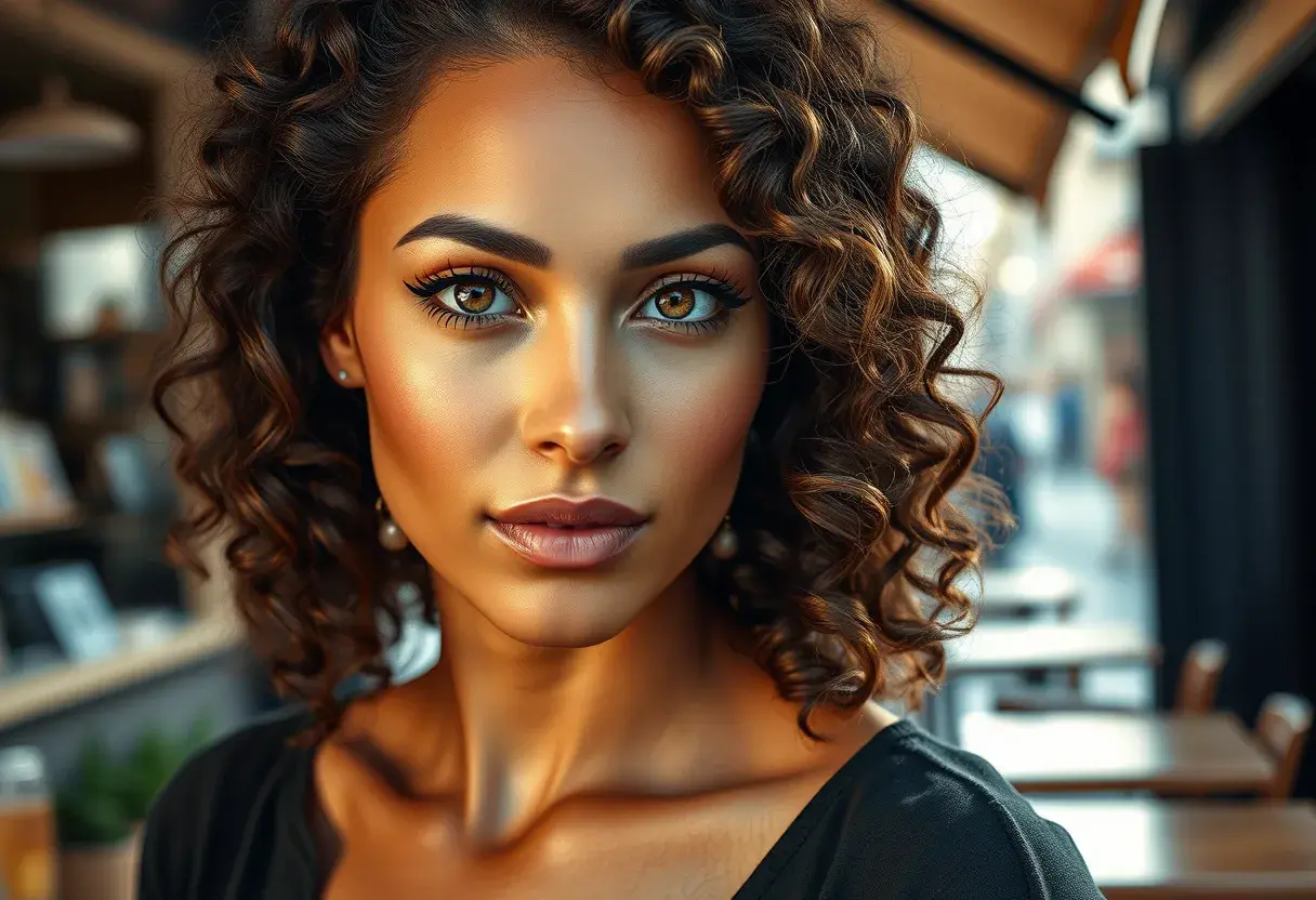 A realistic portrait of a woman with warm brown skin, curly hair, and hazel eyes, inspired by natural lighting in an outdoor café scene., Highly Detailed, Intricate, Half Body, Realistic