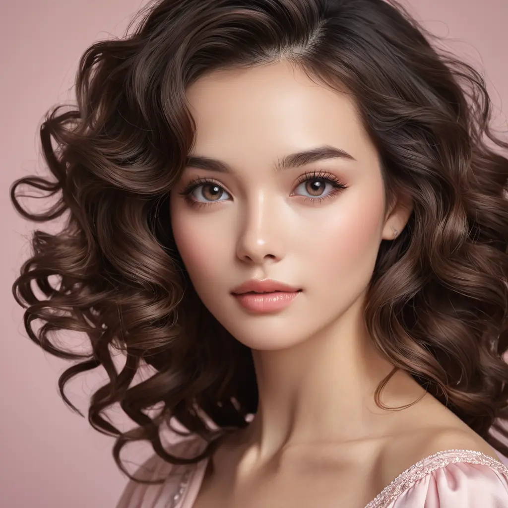 An elegant brunette with soft curls framing her face, dressed in a pastel pink丝绸衫搭配白色短裤，优雅地坐在一把藤椅上，手中拿着一本书, Highly Detailed, Half Body, Gorgeous, Stunning, Elegant by Stanley Artgerm Lau