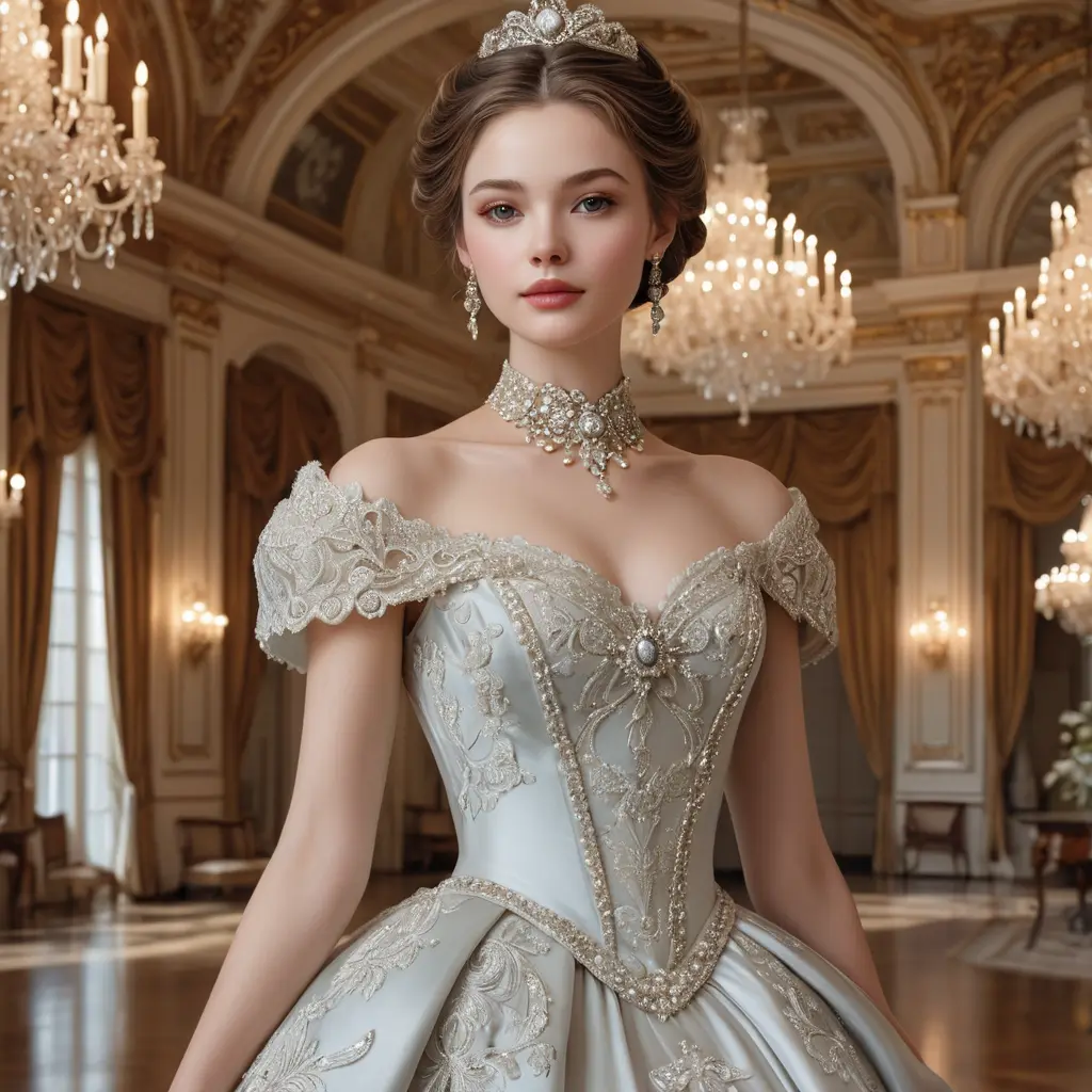 An elegant woman with a porcelain complexion, dressed in a Victorian-era ballgown, adorned with delicate lace and sparkling jewels, standing in a grandiose ballroom, Highly Detailed, Half Body, Gorgeous, Stunning, Elegant by Stanley Artgerm Lau