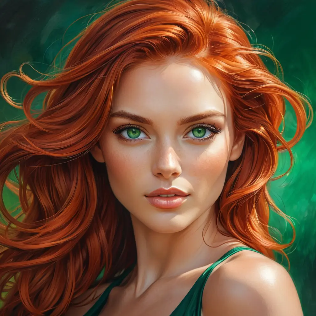 A vibrantly beautiful woman with fiery red hair, emerald green eyes, and a passionate expression, radiating energy and intensity, Highly Detailed, Half Body, Gorgeous, Stunning, Elegant by Stanley Artgerm Lau