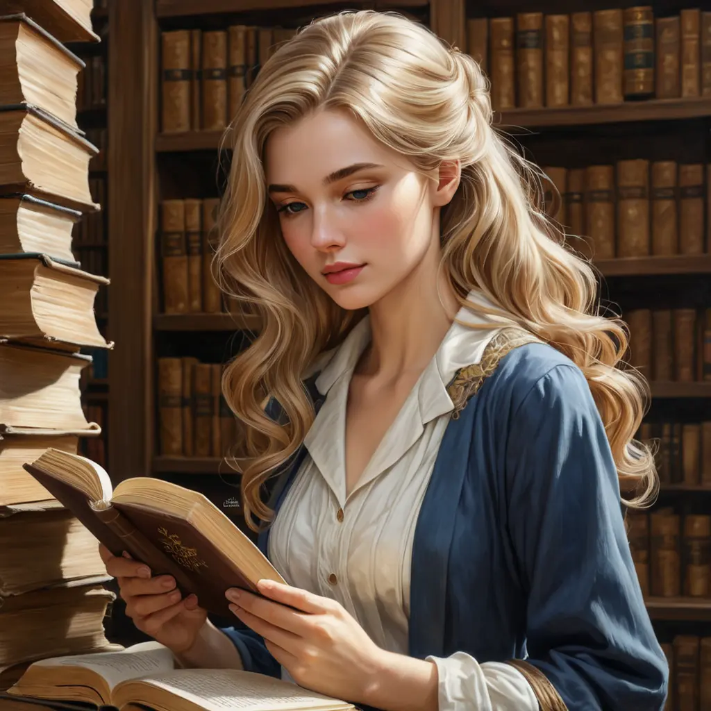 A kind and gentle librarian with a quiet introspection and soft, flaxen hair, surrounded by the musty scent and worn pages of ancient tomes, Highly Detailed, Half Body, Gorgeous, Stunning, Elegant by Stanley Artgerm Lau