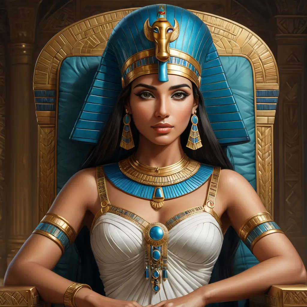 An elegant Cleopatra VII, the last Pharaoh of Ancient Egypt, sitting on her throne, Highly Detailed, Half Body, Gorgeous, Stunning, Elegant by Stanley Artgerm Lau