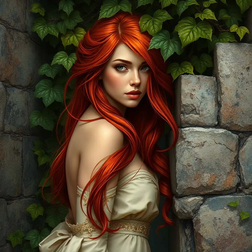 A bewitching beauty with sharp features and fiery red hair, leaning against an ancient, ivy-covered wall, Highly Detailed, Half Body, Gorgeous, Stunning, Elegant by Stanley Artgerm Lau