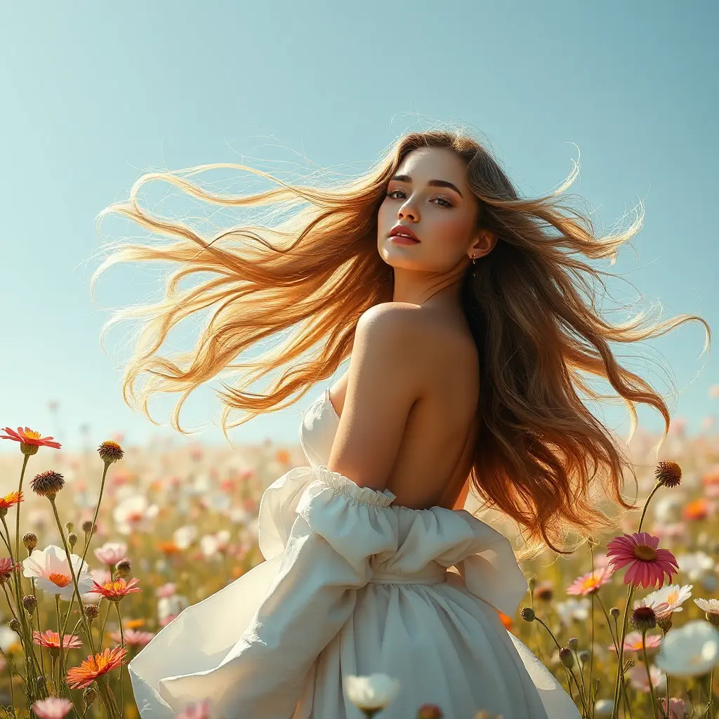 a beautiful woman with flowing hair, standing in a field of wildflowers, Highly Detailed, Half Body, Gorgeous, Stunning, Elegant by Stanley Artgerm Lau