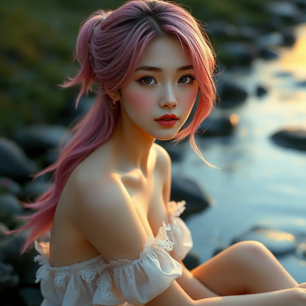 A delicate woman with a tranquil gaze and soft pink hair, seated beside a gently flowing river at dusk, Highly Detailed, Half Body, Gorgeous, Stunning, Elegant by Stanley Artgerm Lau