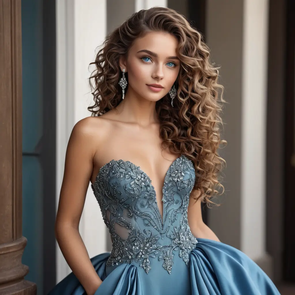 A stunning woman with piercing blue eyes and long, curly brown hair, posing in a elegant evening gown, Highly Detailed, Half Body, Gorgeous, Stunning, Elegant