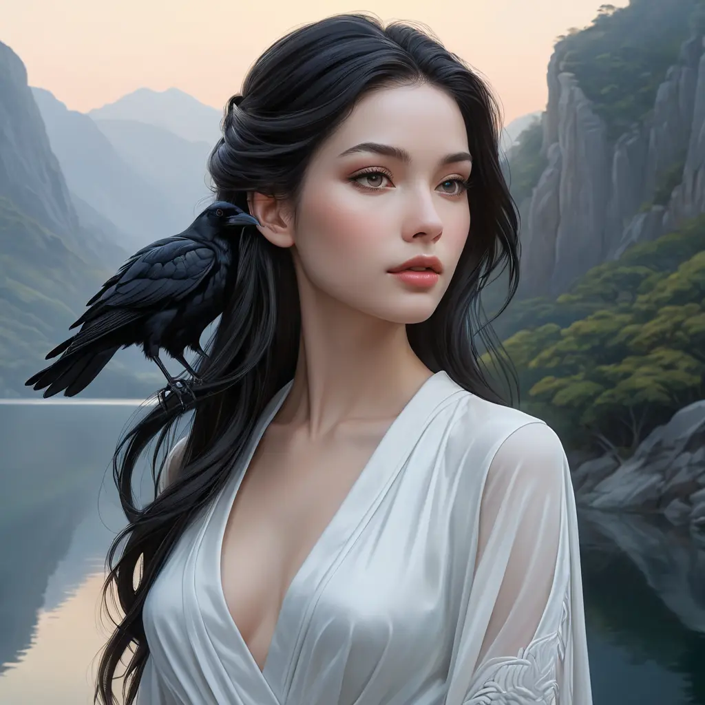 A serene and elegant woman with porcelain skin and raven hair stands atop a cliff overlooking a tranquil lake at dawn., Highly Detailed, Half Body, Gorgeous, Stunning, Elegant by Stanley Artgerm Lau