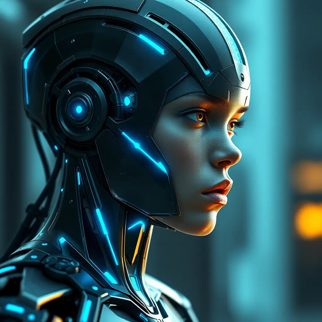 a futuristic cyborg with glowing blue circuitry and sharp, angular features, staring intently into the distance, Highly Detailed, Half Body, Gorgeous, Stunning, Elegant by Stanley Artgerm Lau