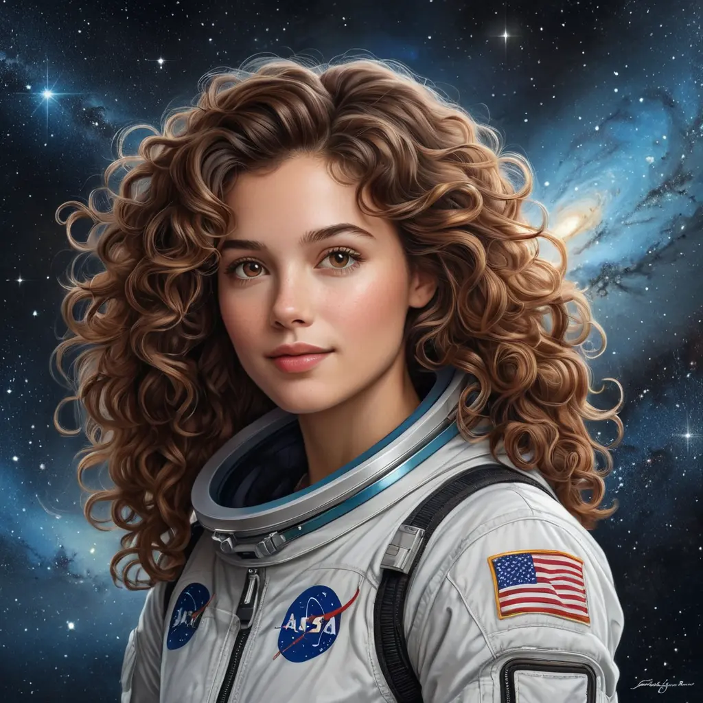 A brilliant and adventurous astrophysicist with an infectious enthusiasm and wild, curly brown hair, set against the breathtaking backdrop of a starry galaxy, Highly Detailed, Half Body, Gorgeous, Stunning, Elegant by Stanley Artgerm Lau