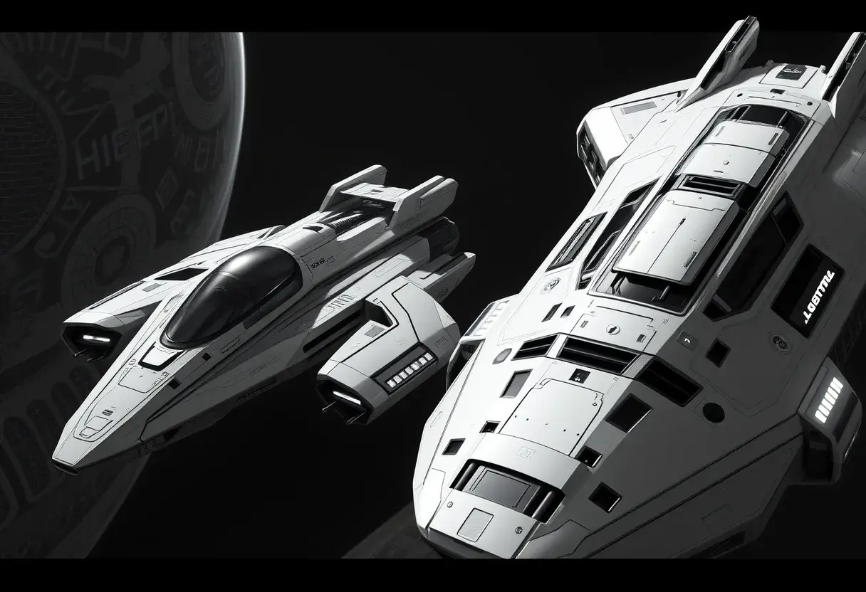 One with a spacecraft parked next to another, in the style of monochromatic compositions, dynamic action sequences, wlop, vray, silver and black, streamline elegance, hisui sugiura, Sci-Fi, Volumetric Lighting