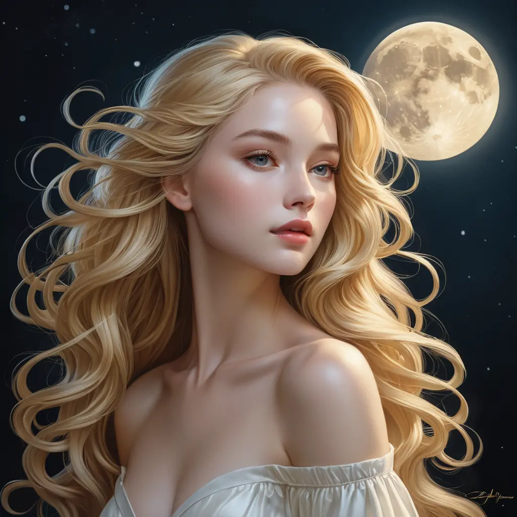 An ethereal woman with porcelain skin and cascading golden locks, illuminated by the soft glow of a full moon, Highly Detailed, Half Body, Gorgeous, Stunning, Elegant by Stanley Artgerm Lau