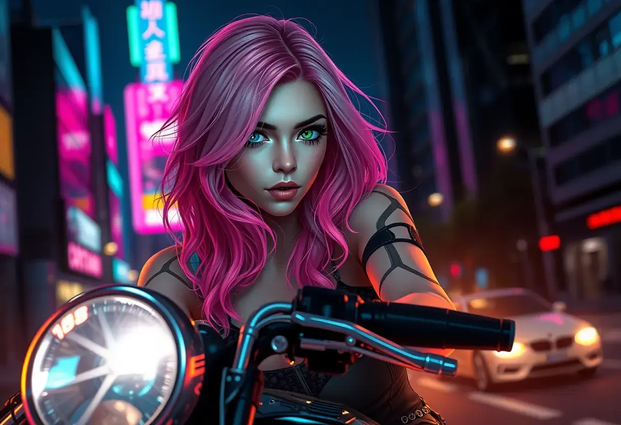 A woman with pink hair and heterochromatic eyes (one blue, one green), riding her motorcycle through neon-lit city streets at night, Highly Detailed, Intricate, Half Body, Realistic