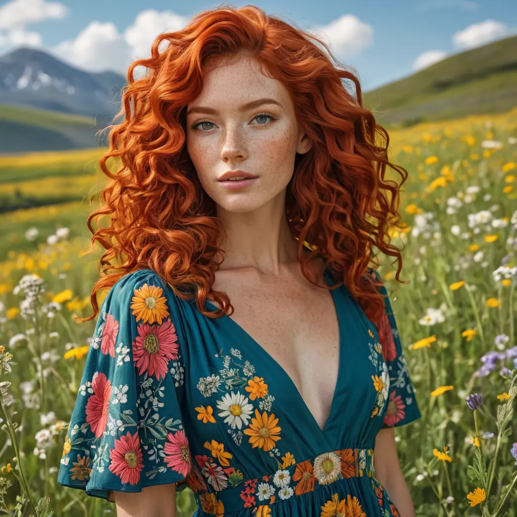 A vibrant woman with a cascade of fiery red curls, freckles, and a bohemian dress with floral patterns, amidst a field of blooming wildflowers at the peak of spring, Highly Detailed, Half Body, Gorgeous, Stunning, Elegant by Stanley Artgerm Lau